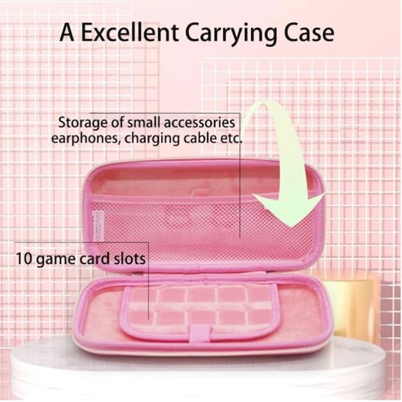 Pink Carrying Case for Nintendo Switch 10 Game Slots Zippered Hard Shell Travel - Picture 4 of 4